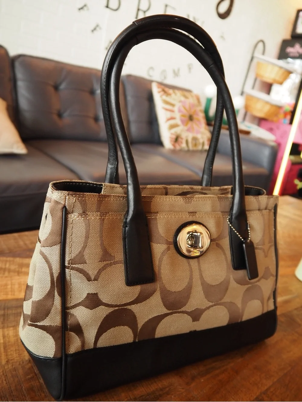 Coach Hampton Madeline Signature Canvas Tote with Black Leather Trim